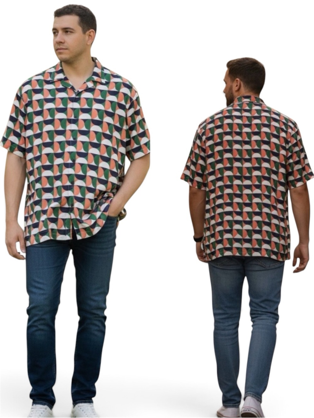 NWT Shaquille O’Neal Short-Sleeve Geo Print Button-Up Shirt Green/Coral/Navy LT
